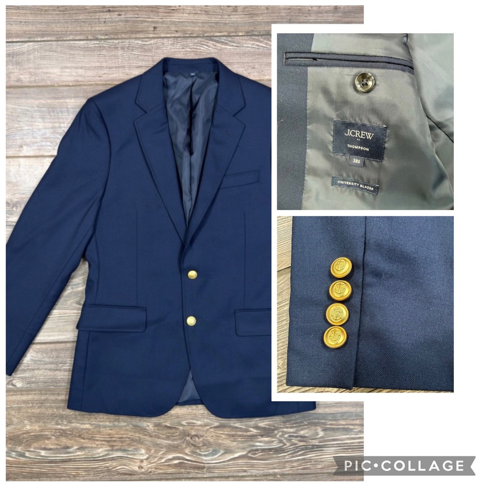 J.Crew Mens Size 38S Thompson University Blazer Navy Blue Gold Button Wool Blend